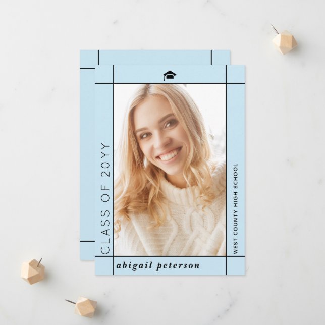 Modern pale blue Class of 2026 graduation photo Announcement (Front/Back In Situ)