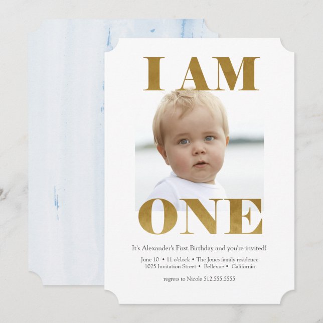 Modern Pale Blue + Gold 1st Birthday Invitations (Front/Back)