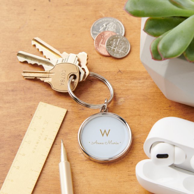 Modern Pale Blue Gold Minimalist Monogram Keychain (Desk)