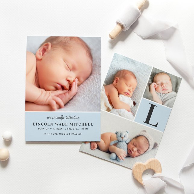Modern Pale Blue Monogram Baby Boy Photo Birth Announcement (Creator Uploaded)