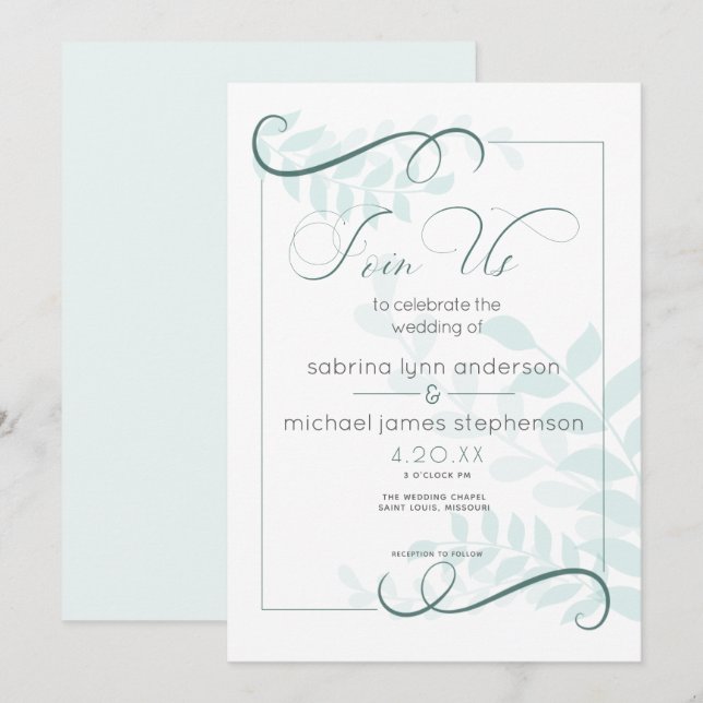 Modern Pale Foliage Chic Accents Jade Green Invitation (Front/Back)