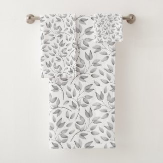 Modern Pale Gray and White Leaves Pattern Bath Towel Set