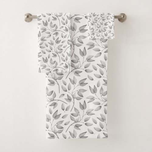 Modern Pale Gray and White Leaves Pattern Bath Towel Set