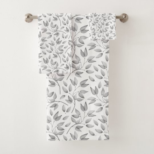 Modern Pale Gray and White Leaves Pattern Bath Towel Set