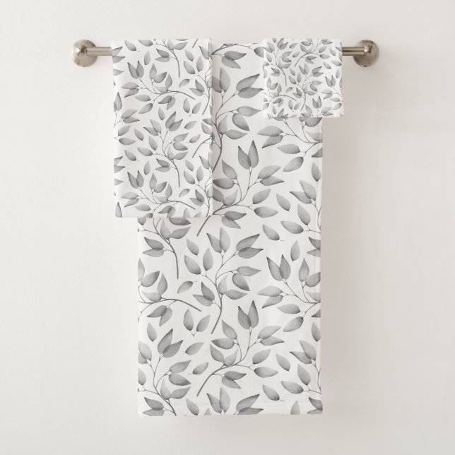 Modern Pale Gray and White Leaves Pattern Bath Towel Set (Insitu)