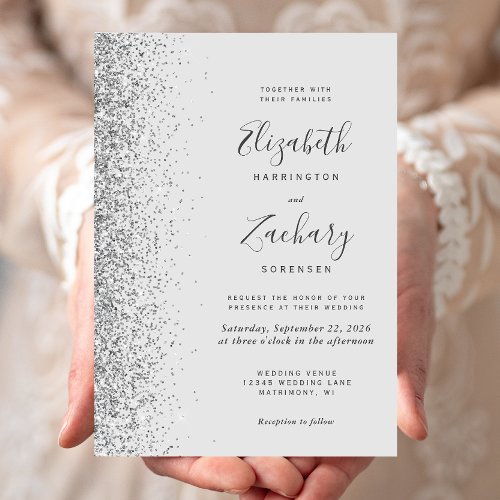 Modern Pale Gray Silver Glitter Edge Wedding Invitation