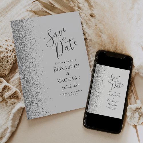 Modern Pale Gray Silver Glitter Save the Date Announcement