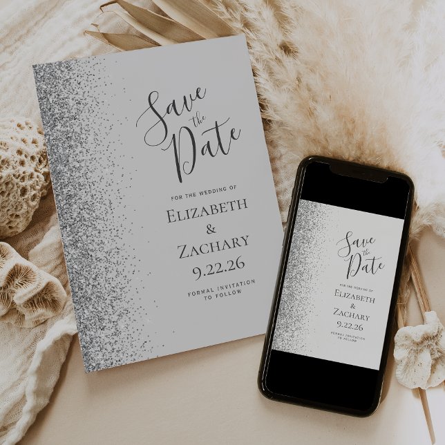 Modern Pale Gray Silver Glitter Save the Date Announcement (Creator Uploaded)