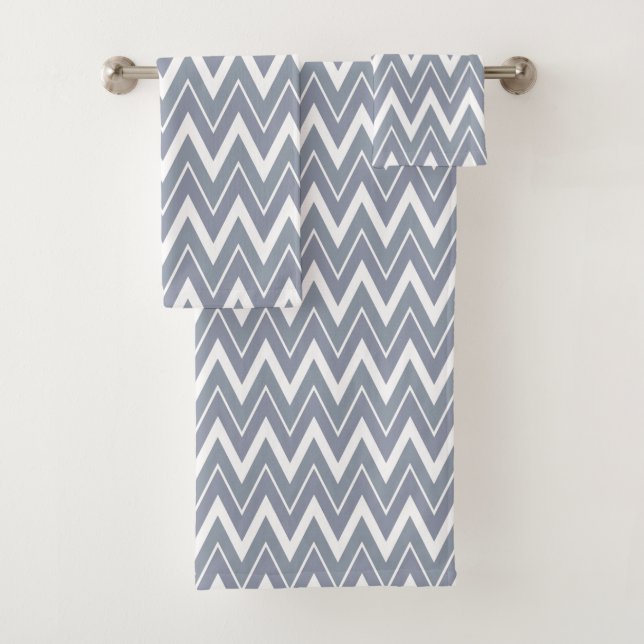 Modern Pale Gray White Chevron Striped Bath Towel Set (Insitu)