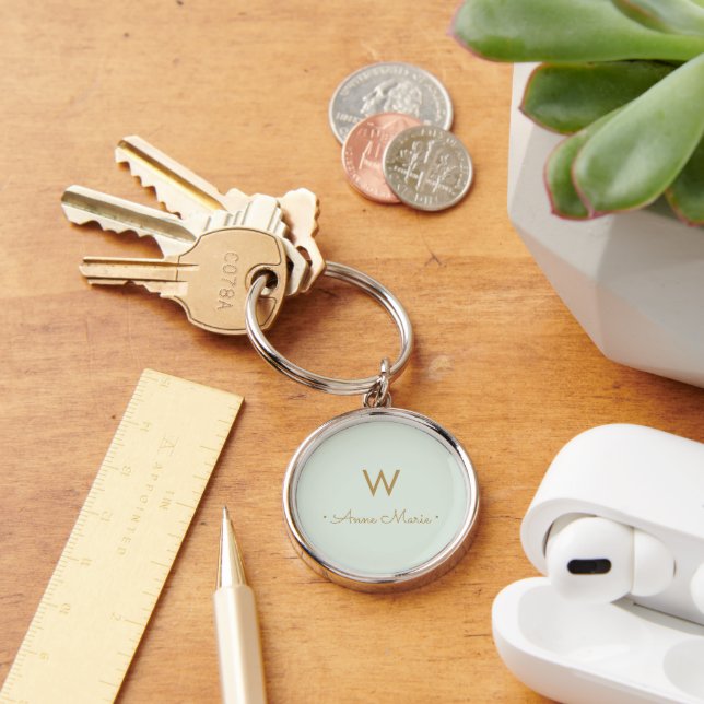 Modern Pale Green Gold Minimalist Monogram Keychain (Desk)