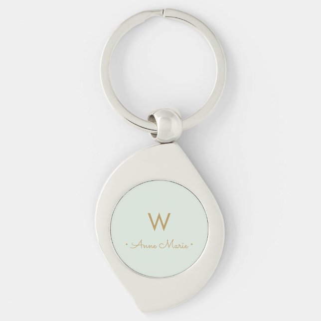 Modern Pale Green Gold Minimalist Monogram Keychain (Front)