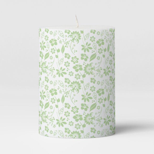Modern Pale Lime Green Spring Flower Pattern Pillar Candle (Front)