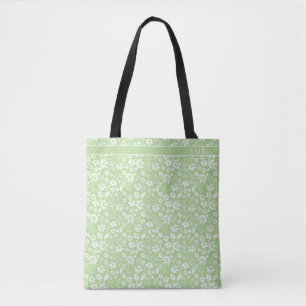Modern Pale Lime Green Tropical Flowers Monogram Tote Bag