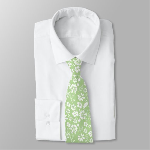 Modern Pale Lime Green Tropical Flowers Neck Tie