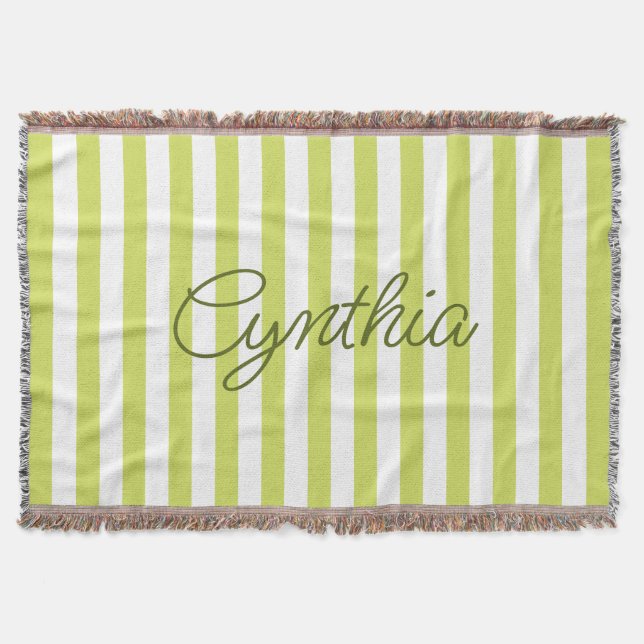 Modern Pale Lime Stripe Personalized Throw Blanket (Front)
