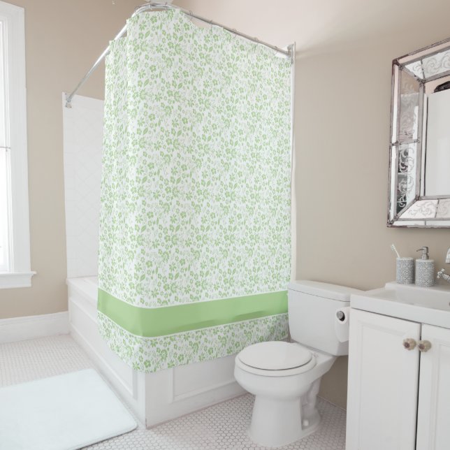 Modern Pale Mint Green Tropical Floral Pattern Shower Curtain (In Situ)