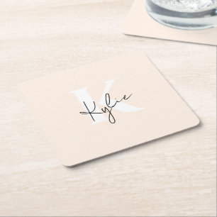 Modern Pale Peach Personalized Monogram Name - Square Paper Coaster