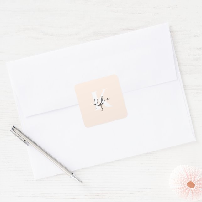Modern Pale Peach  Personalized Monogram Name -  Square Sticker (Envelope)