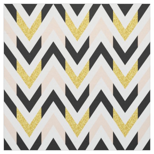 Modern Pale Pink, Black, White, Gold Chevron Fabric