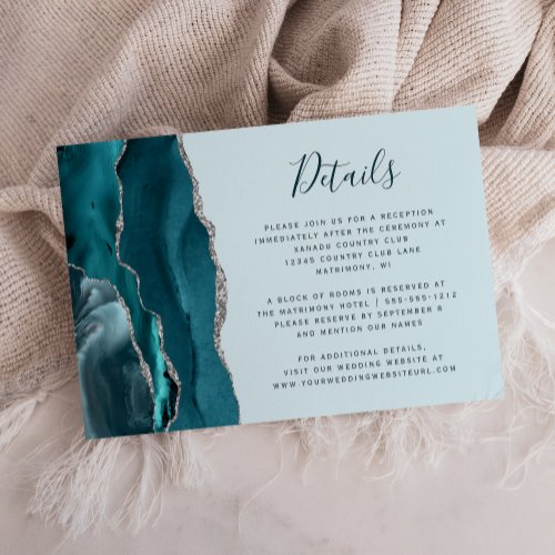 Modern Pale Teal Silver Agate Wedding Details Enclosure Card