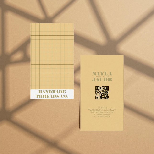 Modern Pale Yellow Checkered Pattern QR Code  Business Card (Creator Uploaded)