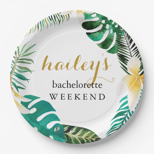 Modern Palm Bachelorette Weekend with Name Paper Plates (Front)