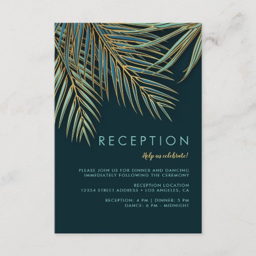 Modern Palm Gold Green Tropical Beach Wedding Enclosure Card