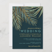 Modern Palm Gold Teal Tropical Beach Wedding Invitation (Front)