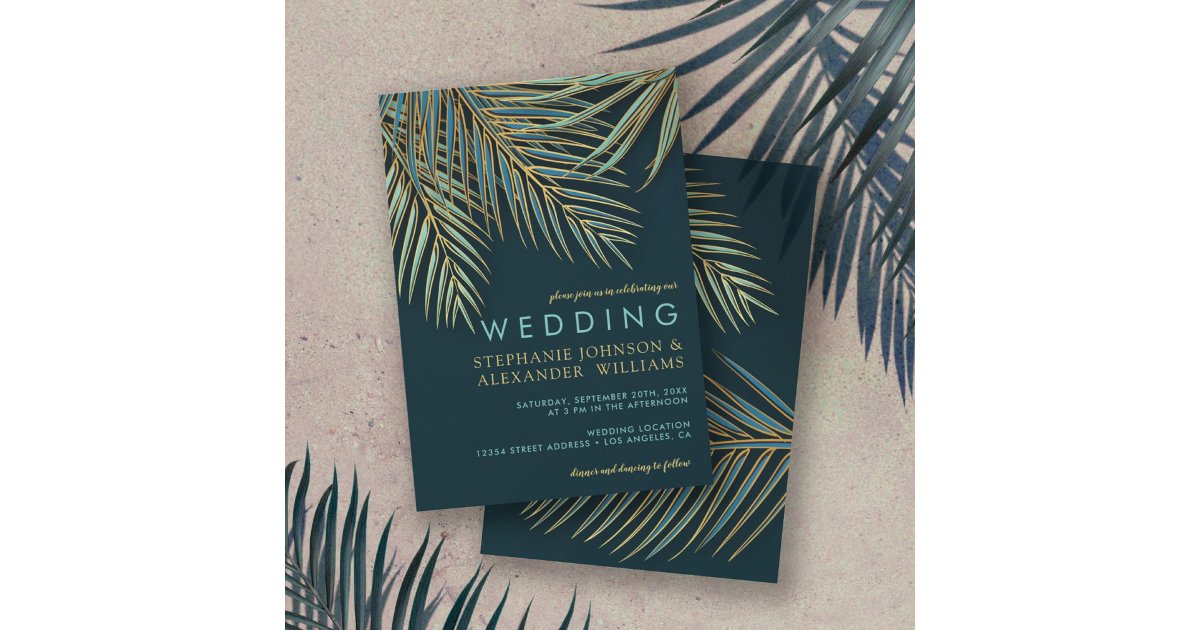 Modern Palm Gold Teal Tropical Beach Wedding Invitation | Zazzle