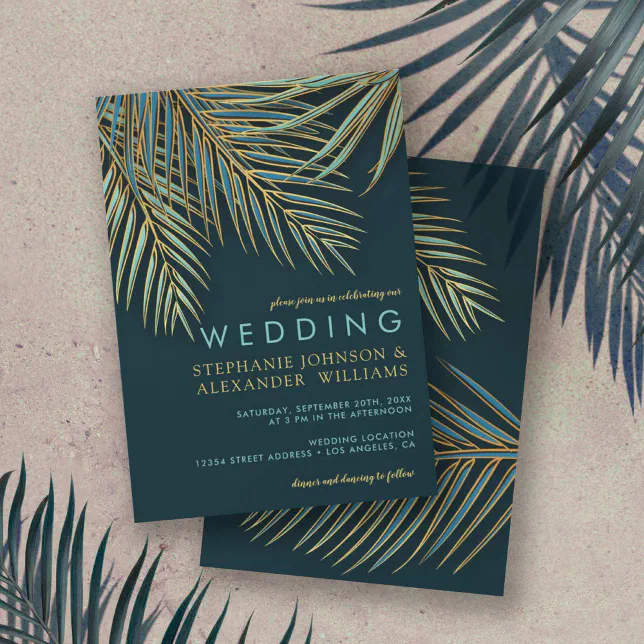 Modern Palm Gold Teal Tropical Beach Wedding Invitation | Zazzle