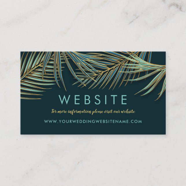 Modern Palm Gold Tropical Beach Wedding Website Enclosure Card (Front)