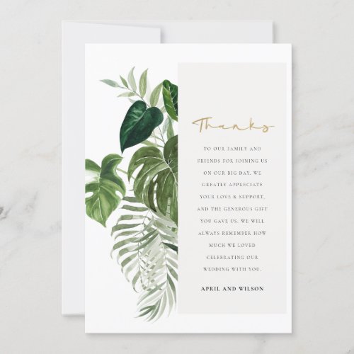 Modern Palm Green Leafy Tropical Foliage Wedding Thank You Card
