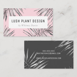 MODERN PALM LEAF lush botanical black gray pink Business Card