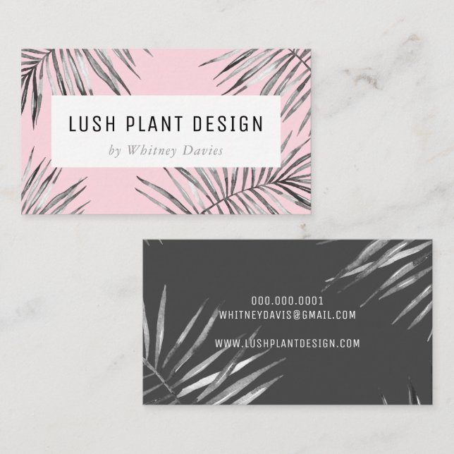 MODERN PALM LEAF lush botanical black gray pink Business Card (Front/Back)