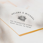 Modern Palm Leaf Return Address Wedding Rubber Stamp<br><div class="desc">Modern return address stamps with a bold hand-drawn palm leaf,  your names in curved text,  and your return address below. Perfect for regular mail,  holiday cards,  invitations,  wedding favors,  and more! View the collection link on this page for matching products or visit our store for more designs!</div>