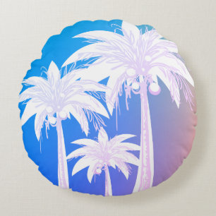 Modern Palm Leaf Watercolor Colorful Blue Pink Round Pillow
