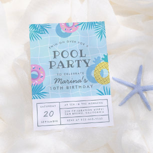 Modern Palm Leaves & Pineapple Pool Birthday Party Invitation