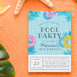 Modern Palm Leaves & Pineapple Pool Party Birthday Invitation Postcard<br><div class="desc">A fun, summery design featuring a pool framed by palm fronds, donut pool floats and a pineapple pool float. The party details are separated into two parts: the invitation is placed in the pool in modern typography and the party details are below in a clear, boxed layout on a simple...</div>