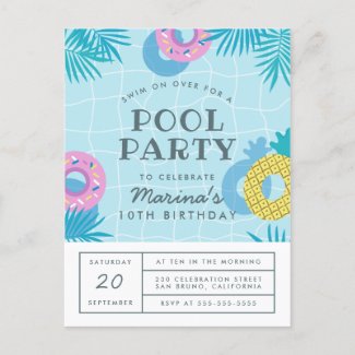 Modern Palm Leaves & Pineapple Pool Party Birthday Invitation Postcard