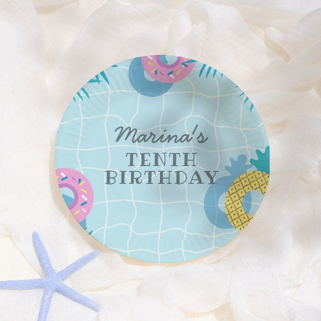 Modern Palm Leaves & Pineapple Pool Party Birthday Paper Plates (Creator Uploaded)
