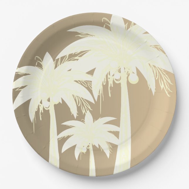 Modern Palm Tree Coastal Beige Sand Beach Summer  Paper Plates (Front)
