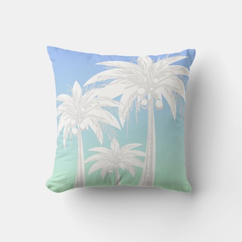 Modern Palm Tree Coastal Blue Green Sky Ombre Throw Pillow