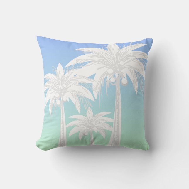 Modern Palm Tree Coastal Blue Green Sky Ombre Throw Pillow (Front)
