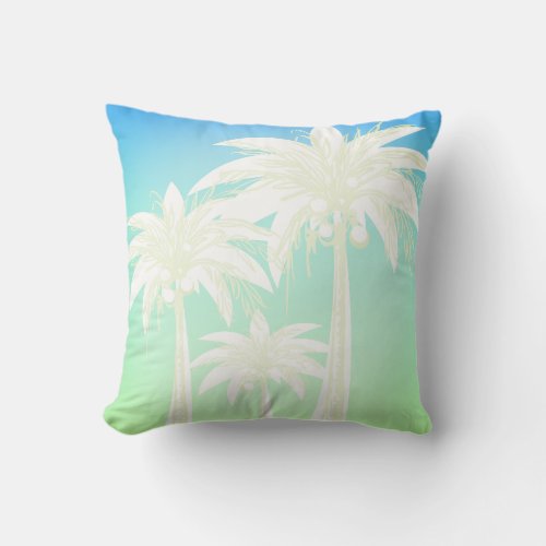 Modern Palm Tree Coastal Chic Blue Green Sky Ombre Throw Pillow