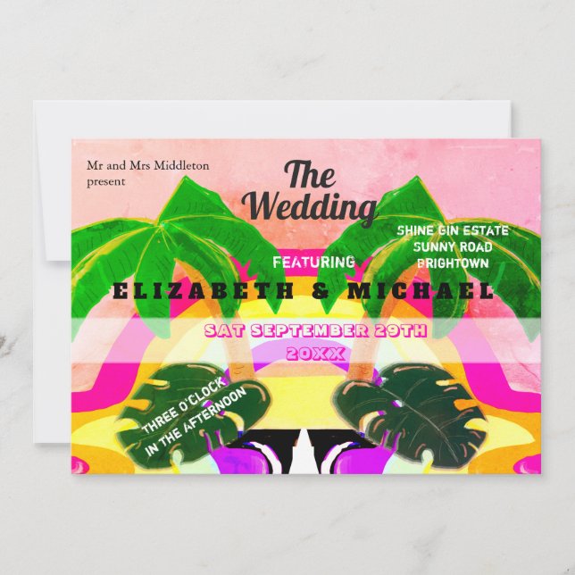 Modern Palm Tree Colorful Festival Rainbow Wedding (Front)