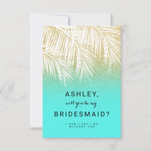 Modern palm tree gold aqua  Bridesmaid Invitation