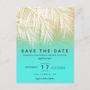 Modern palm tree gold aqua save the date announcement postcard