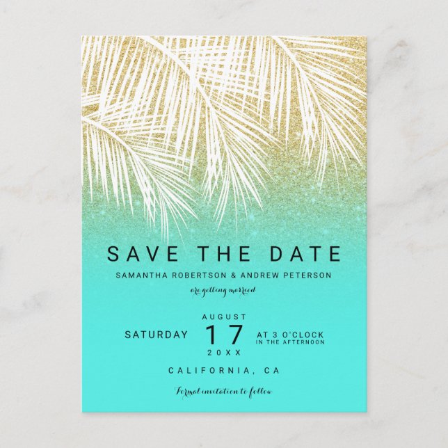Modern palm tree gold aqua save the date announcement postcard (Front)