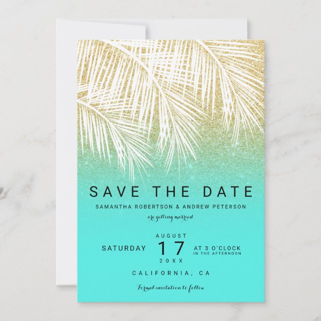 Modern palm tree gold aqua save the date invitation (Front)