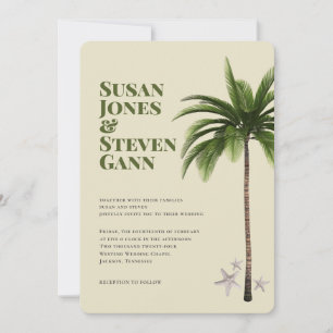 Modern Palm Tree Ivory Green Typography Wedding Invitation